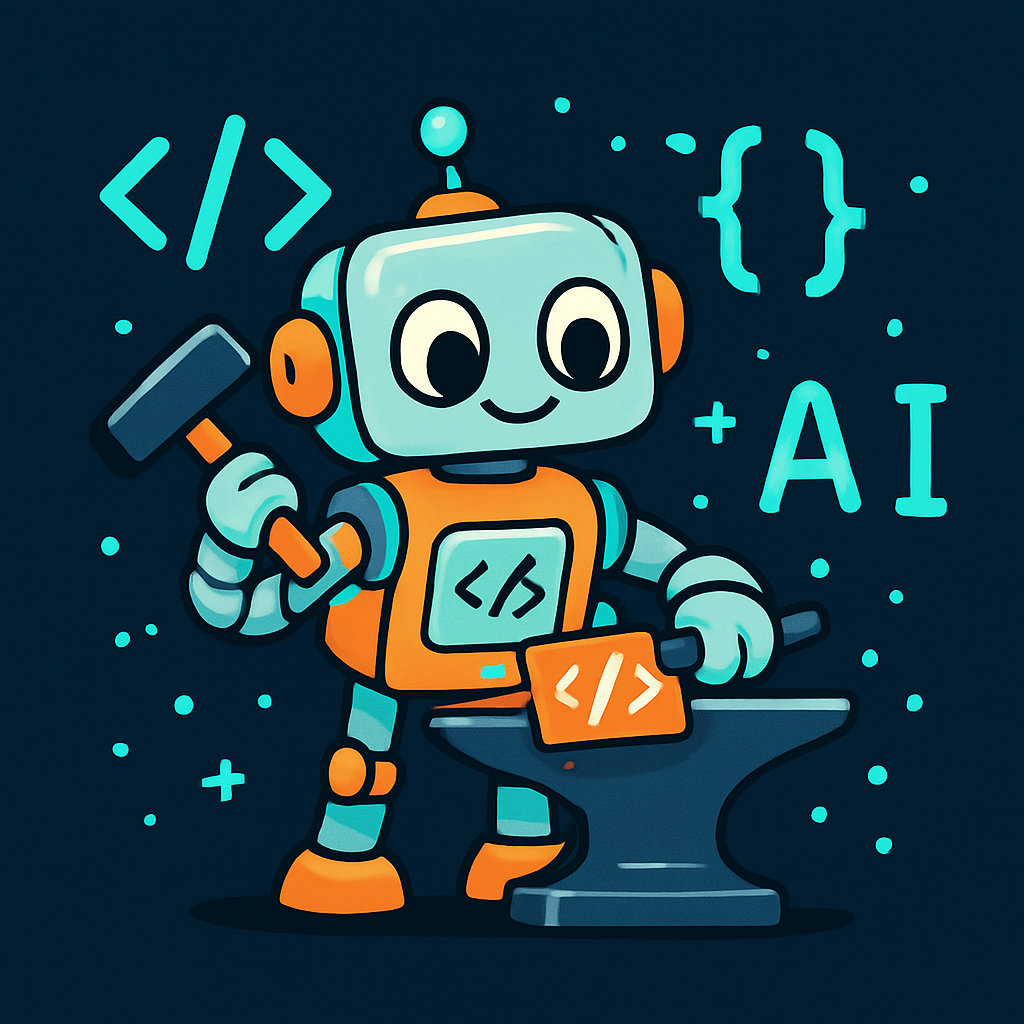 A playful robot blacksmith crafting AI code, symbolizing Blacksmith's platform focus.